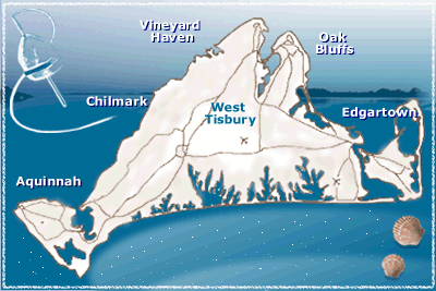 Map of Martha's Vineyard island. Names of towns link to town real estate listings.